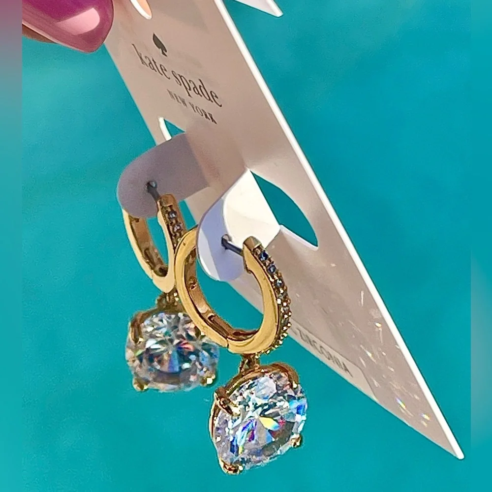 Kate Spade NWT Crystal Drop Gold hoop Huggies Earrings Brilliant CubicZirconia - Picture 5 of 10